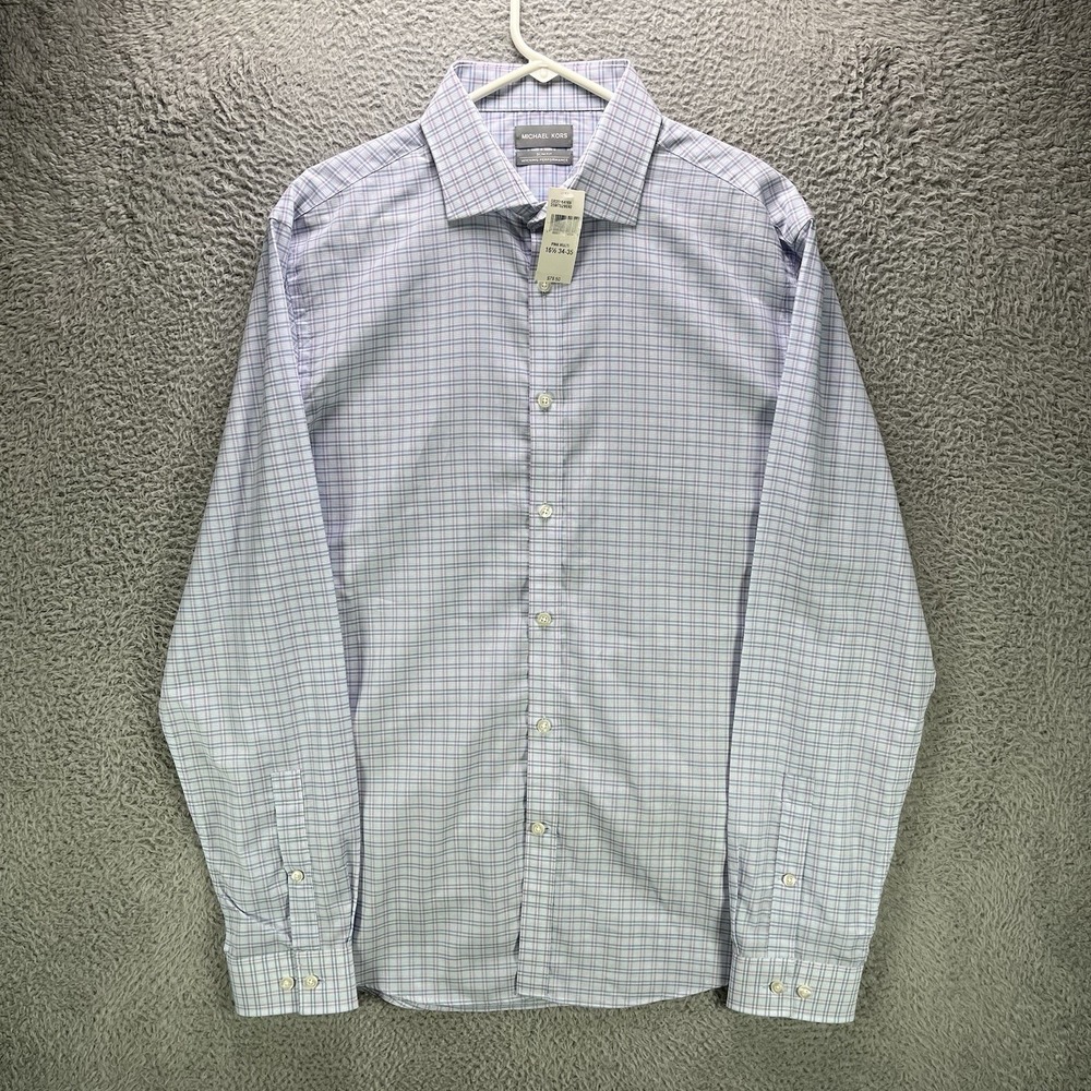 Michael Kors Performance Slim Fit Dress Shirt Mens Large Blue Plaid Stretch NWT - Picture 2 of 13